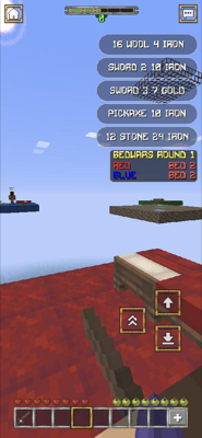 Bedwars in the plots dev page at phone size: the shop's buttons on the right, the scoreboard, a bed
