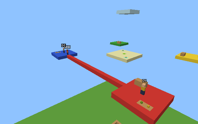 Bedwars mid-round from outside: a red wool bridge to the blue island